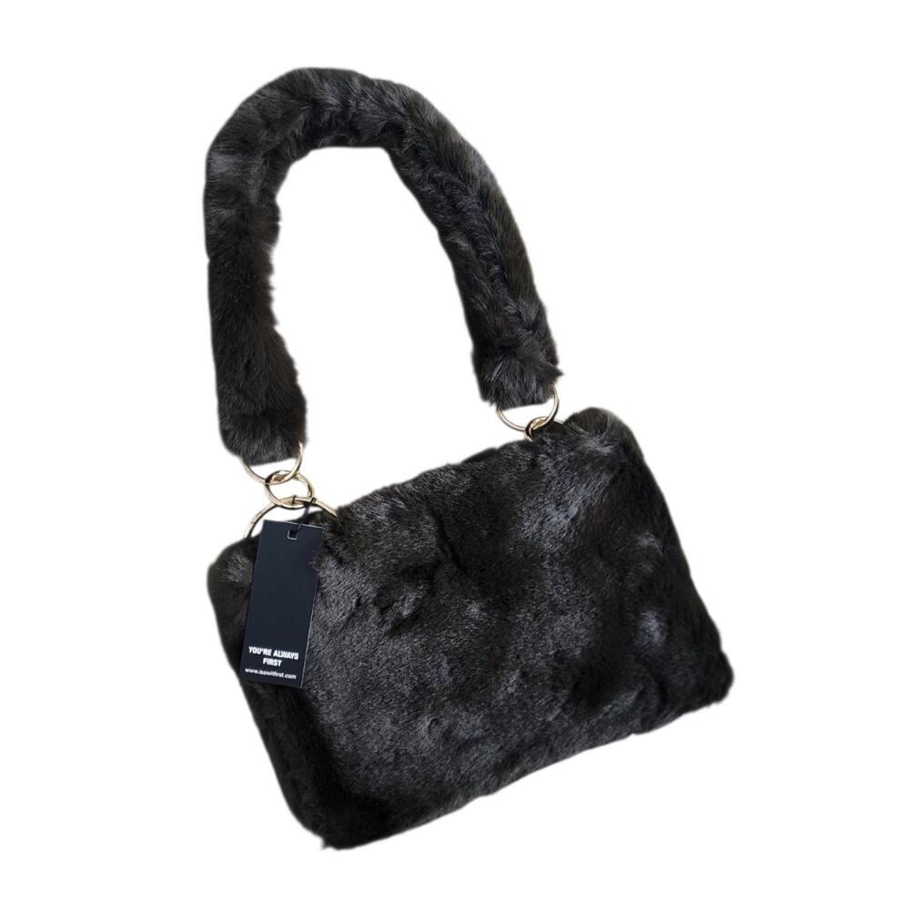 I Saw It First Plush Faux Fur Shoulder Bag Medium Olive-Brown Snap Closure.
